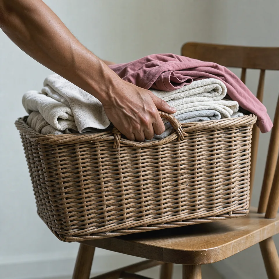 A bare forearm tightens as a hand lifts a wicker basket filled with freshly folded towels.