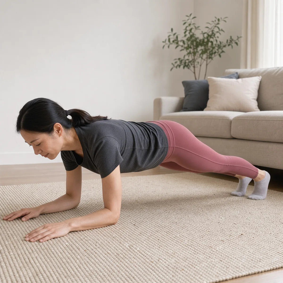 An adult holds a forearm plank on a living-room rug.