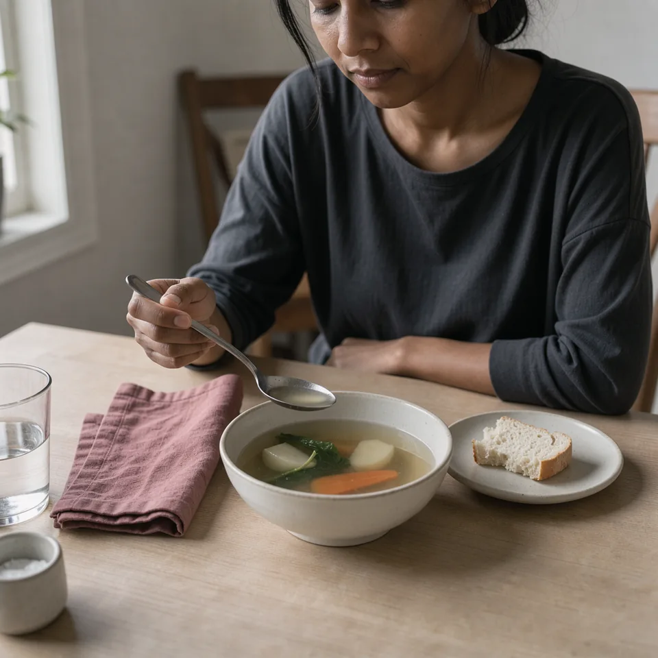 A person in everyday clothes pauses with a spoon above a small bowl of soup and a piece of bread at home.