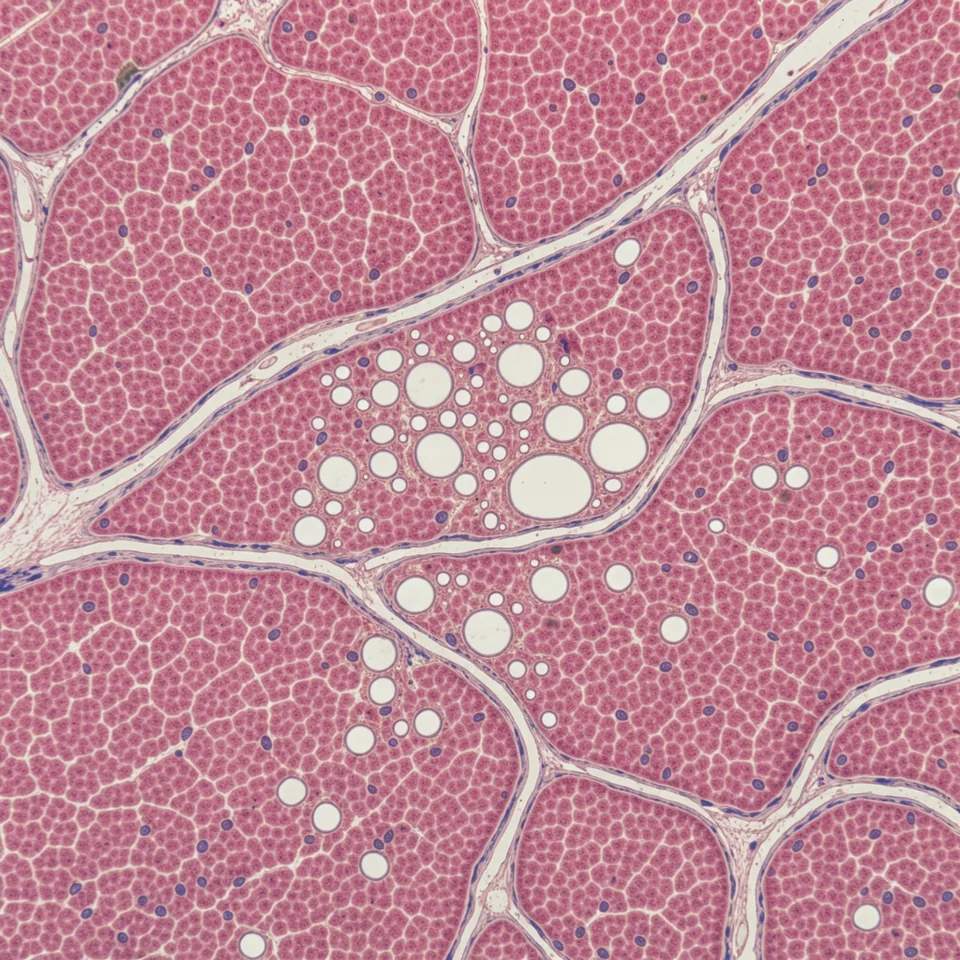 Microscopy-style view of pale circular lipid spaces among rose-stained liver cells.