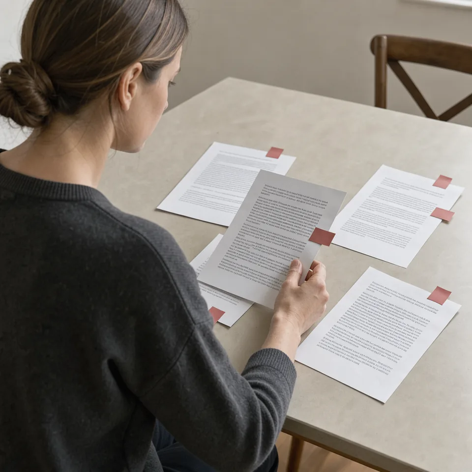 A reader at a home table separates four research printouts with unlettered rose-coloured page tabs.