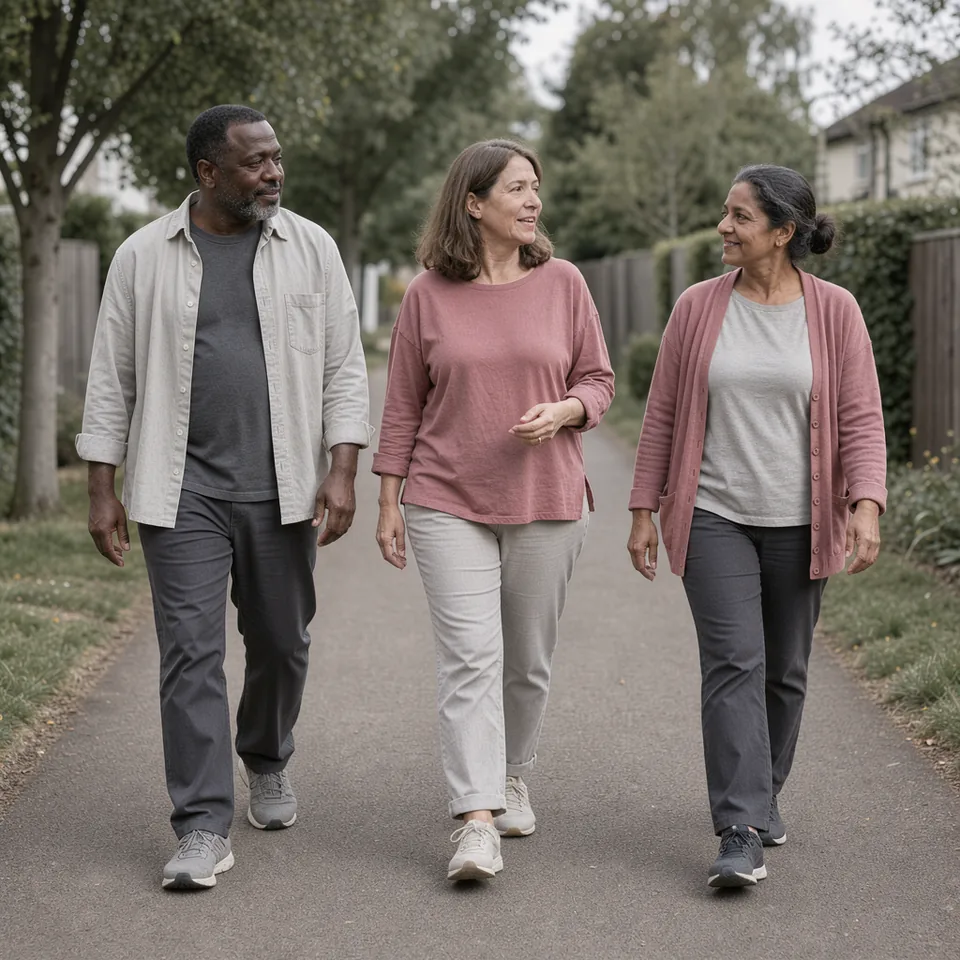 Three adults with larger bodies walk together at an easy pace along a sunlit neighbourhood path.
