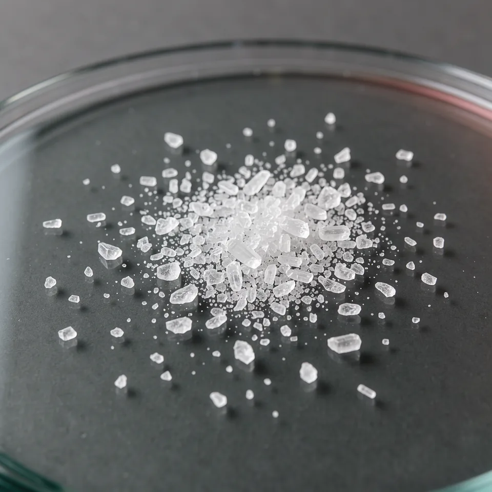 Fine, irregular white nicotinamide riboside crystals lie on a dark glass surface beside a deep-rose edge.